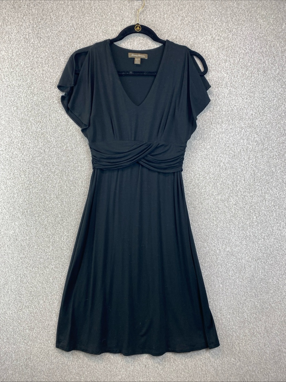 Tommy Bahama Knit Dress XS Black Stretchy Faux Wrap Waist Flutter Sleeve Casual